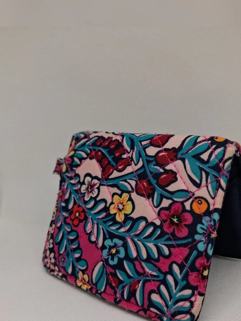 Vera Bradley Quilted Floral Trifold Wallet ID Window Navy Pink Snap Case